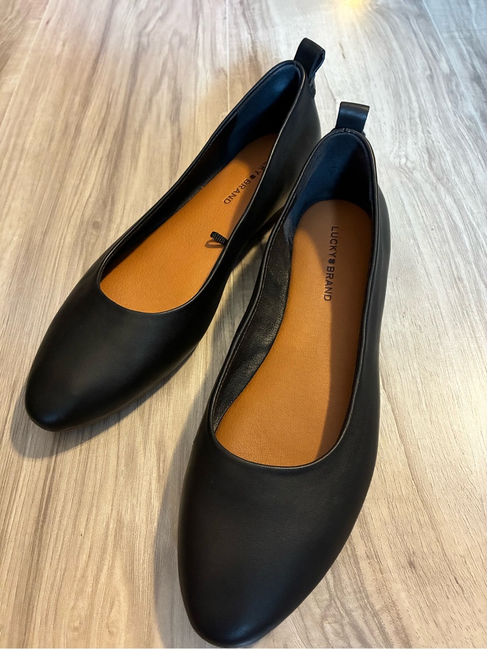 Lucky Brand Black Leather Slip-On Ballet Flats with Tan Insole